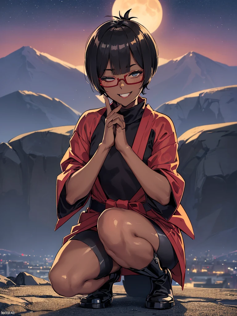 (flat :), (masterpiece:1.2), highest quality, High resolution, unity 8k wallpaper, (fine and beautiful eyes:1.6), highly detailed face, perfect lighting, Detailed CG, (perfect hands, perfect ), (1 boy solo:1.4), 20 years old, black hair, extremely beautiful detailfeminine face and eyes, (evil smile:1.4), detailed eyes, best quality,( dark skin:1.8), (turtleneck shirt under yukata:1.2), (bike shorts:1.2), extremely detailed, very precise detailed, (glasses:1.3), blunt bangs, open mouth, (very short pixie cut:1.2), boots,fingerless gloves, smile, (half closed eyes:1.5), ,(on kawara roof),night sky, ,long sidelocks,(long red Scarf),(yukata),(squatting), ears,(acrobat pose:1.3),(squat:1.3),leaning forward,(one knee dwon:1.5),(Put one foot in front:1.3),(stylish pose:1.4),(Raise only index finger:1.1),(Joining hands:1.5),(retro artstyle:1.2), (1990s \(style\)),