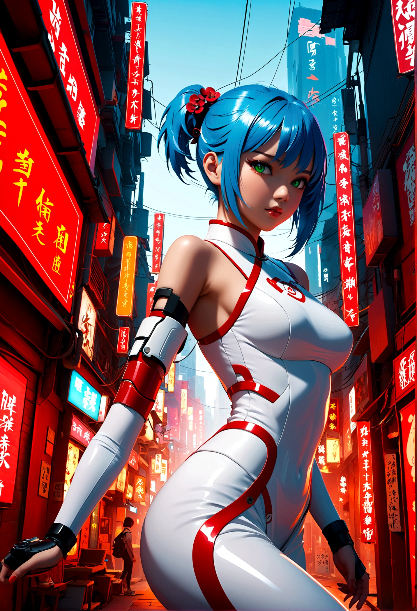 Fraction_9,Fraction_8_Direction_7_up,src_Japanese cartoons,1girl, girl, Cyberpunk,Chinese Cheongsam, Green Eyes,Glowing eyes, Short blue hair, white breastplate, Mechanical red tights, Bare shoulders, smooth, Shiny material,joint,outdoor,futuristic city,Dynamic Angle