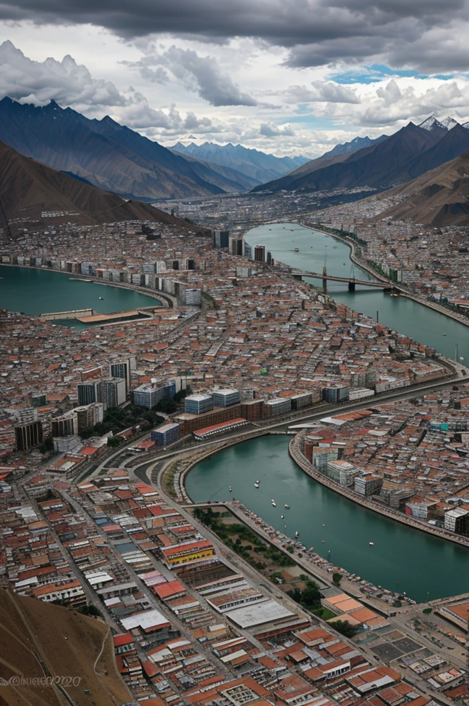 Photograph from an angle of a viewpoint over the city of La Paz Bolivia on a cloudy day during World War III 