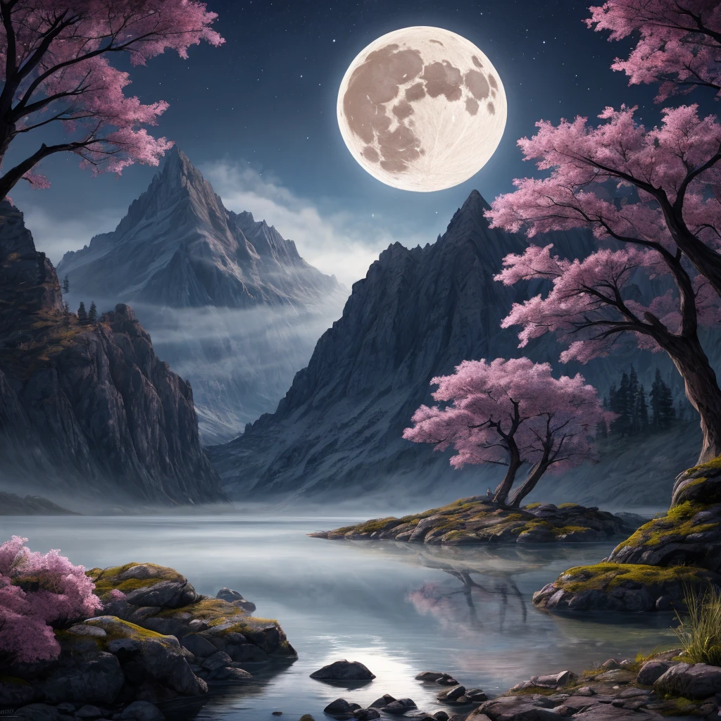45 megapixel, he ethereal beauty of a mystical landscape under the red moonlight, with lion scene should be illuminated by a large, radiant moon, casting its glow upon a twisted, yet majestic tree with blossoms that seem to sparkle in the night, The treeâs roots should be deeply embedded into rocky terrain, symbolizing its ancient existence, In the background, towering mountains loom, their peaks veiled in mist, A serene lake at the foot of the mountains reflects the moonâs luminescence, Incorporate elements that evoke a sense of magic and mystery