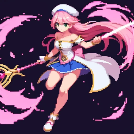 pixel art, full body, facing left (important), pink and white, holding a spear, magical girl, beret, long hair, loose, off-the-shoulder. Hair color: soft, pale pink hair. Eye color: green eyes. Outfit: white and pink based outfit. She wears a white short-sleeved off-the-shoulder top with a pink collar and buttons that reveal her collarbone, and a mini slit skirt shaped like a downward-pointing lotus petal. Accessories: She has a pink flower ornament in her right hair. Weapon in hand: a long spear with pink and white decorations.Young middle school student、Jump