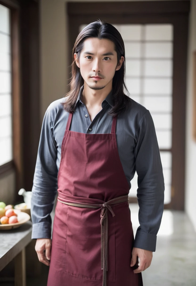 A man with physical characteristics: pale, Eyes red (half wine), details on face and body, long hair (more or less in the coxis&#39;) offwhite/ silver with black details on the tips. 

styled: half oriental apron, use a pipe (those long)