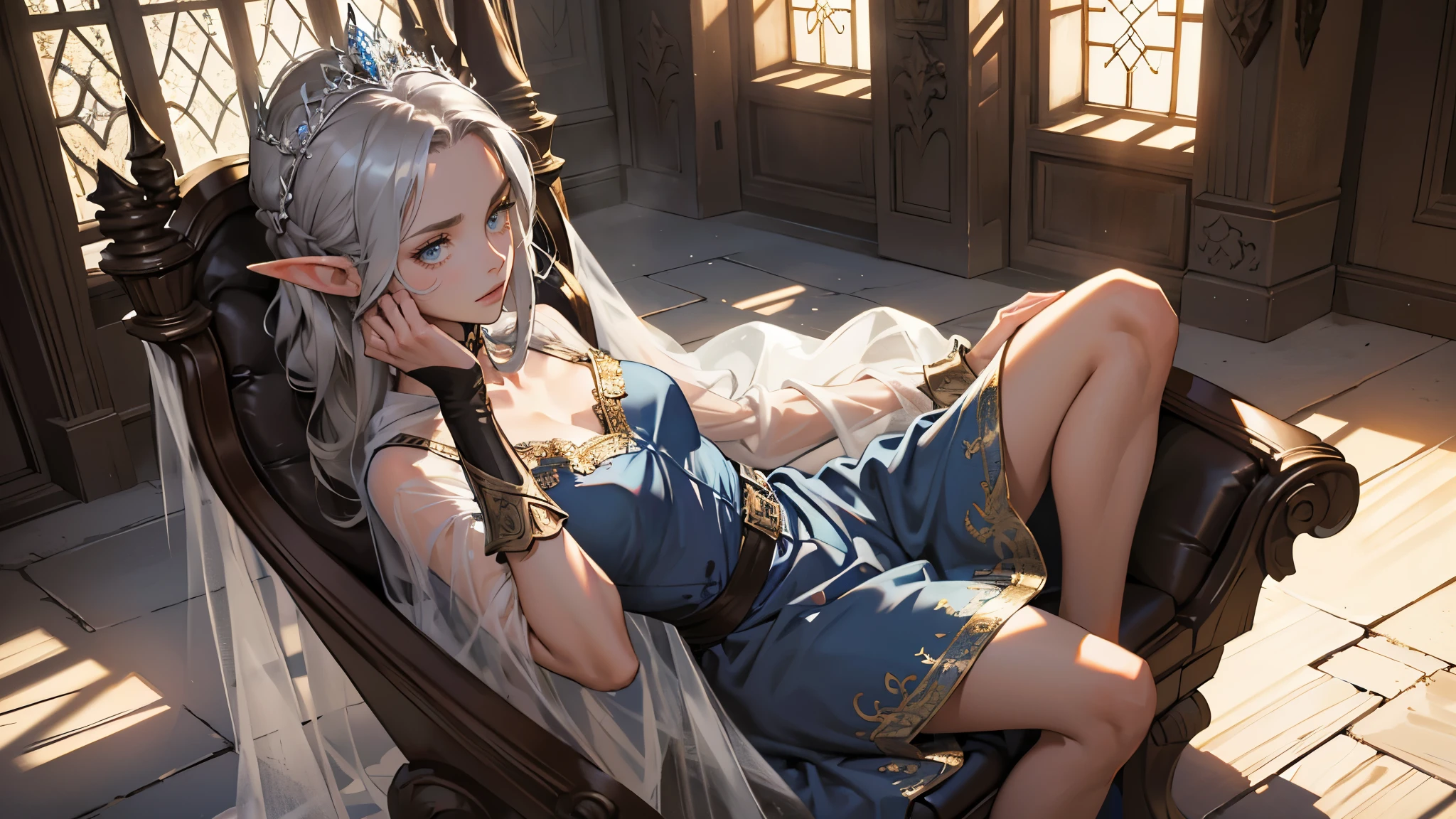 masterpiece, ultra detailed, 8K Portrait, Raw photo, a portrait photo of girl, Highly detailed face, beautiful and meticulous eyes, ((Fantasy)), (elf:1.0), 1woman, 40 year old, gray long hair, brown eyes, (melancholy expression:1.2), tiara, skinny, (ultra thin see-through dark blue silk dress), hooded long white coat Fluttering in the wind, ((bare foots)), Midday Sun, Hyper realistic, out of medieval castle in the sky, sitting on the throne, Ambient lighting, Shadow details , strong breeze, Light fog