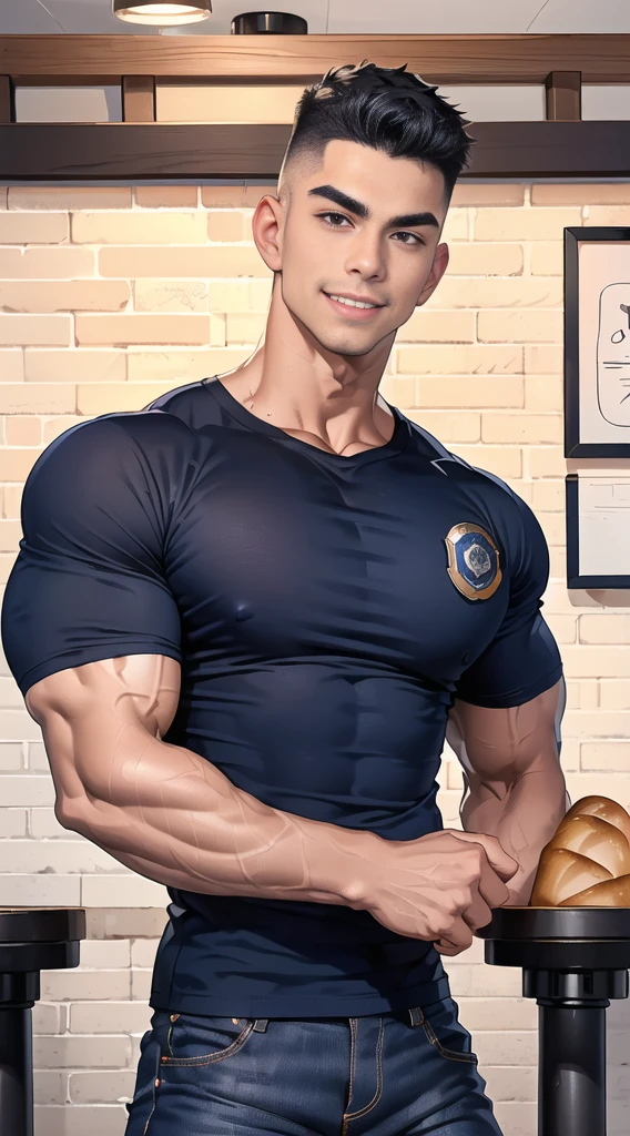 1 man,(Skinheads hairstyles) ,black eye,(Wear a fitted round neck t-shirt in navy with a police badge.:1.3),(fit neck),Navy blue jeans,(black_gloves), Korean guy,chest muscles,large arm muscles,blood vessel,Big muscles,Broad shoulders, smile, middle of the road,(full_shot:1.6),(In the bread shop:1.2),