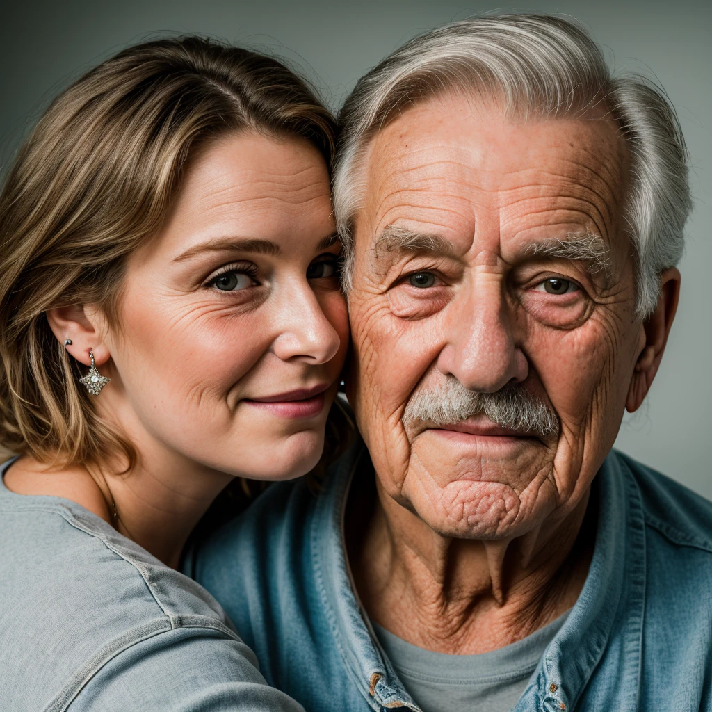 Image of 18 year old girl kissing 80 year old man, wrinkled, weathered, with piercing eyes, detailed face, high details, photography, dark studio, rim light, Nikon D850, 50mm, f/1.4