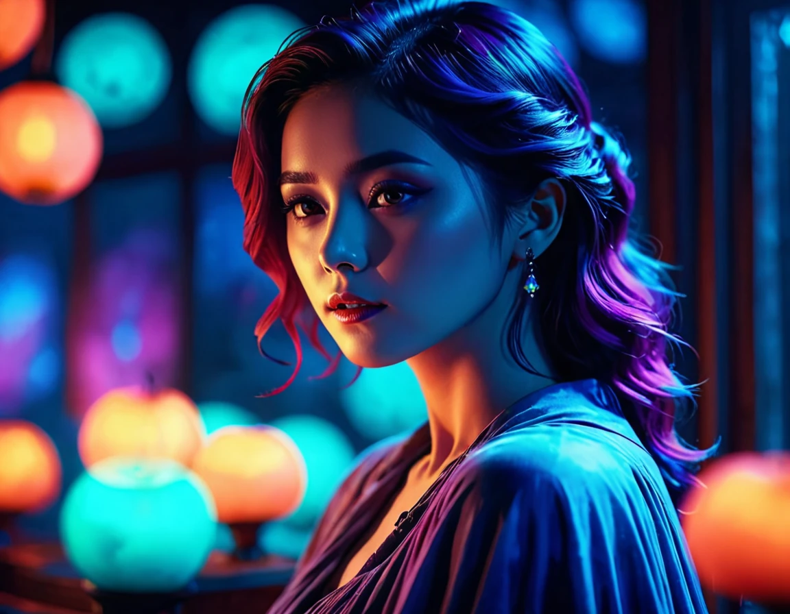 Ink style, female ghost, dreamy atmosphere, 8k, colorful details, best shadows, cool movie lighting, bright colors, sharp focus