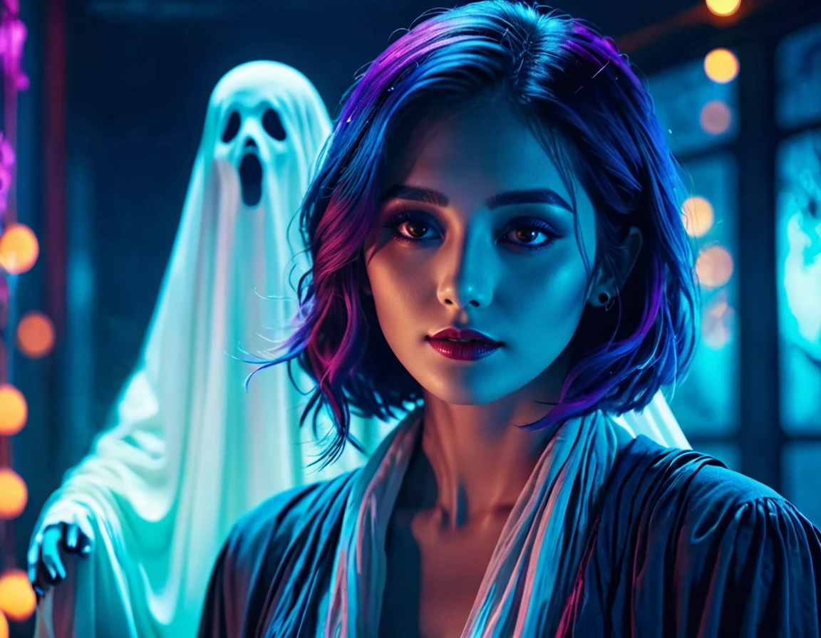 Ink style, female ghost, dreamy atmosphere, 8k, colorful details, best shadows, cool movie lighting, bright colors, sharp focus