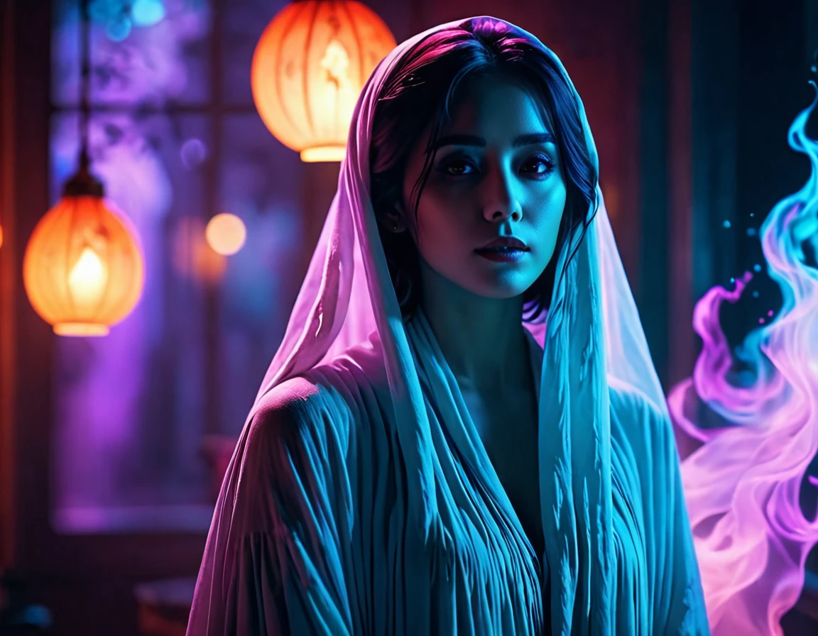 Ink style, female ghost, dreamy atmosphere, 8k, colorful details, best shadows, cool movie lighting, bright colors, sharp focus