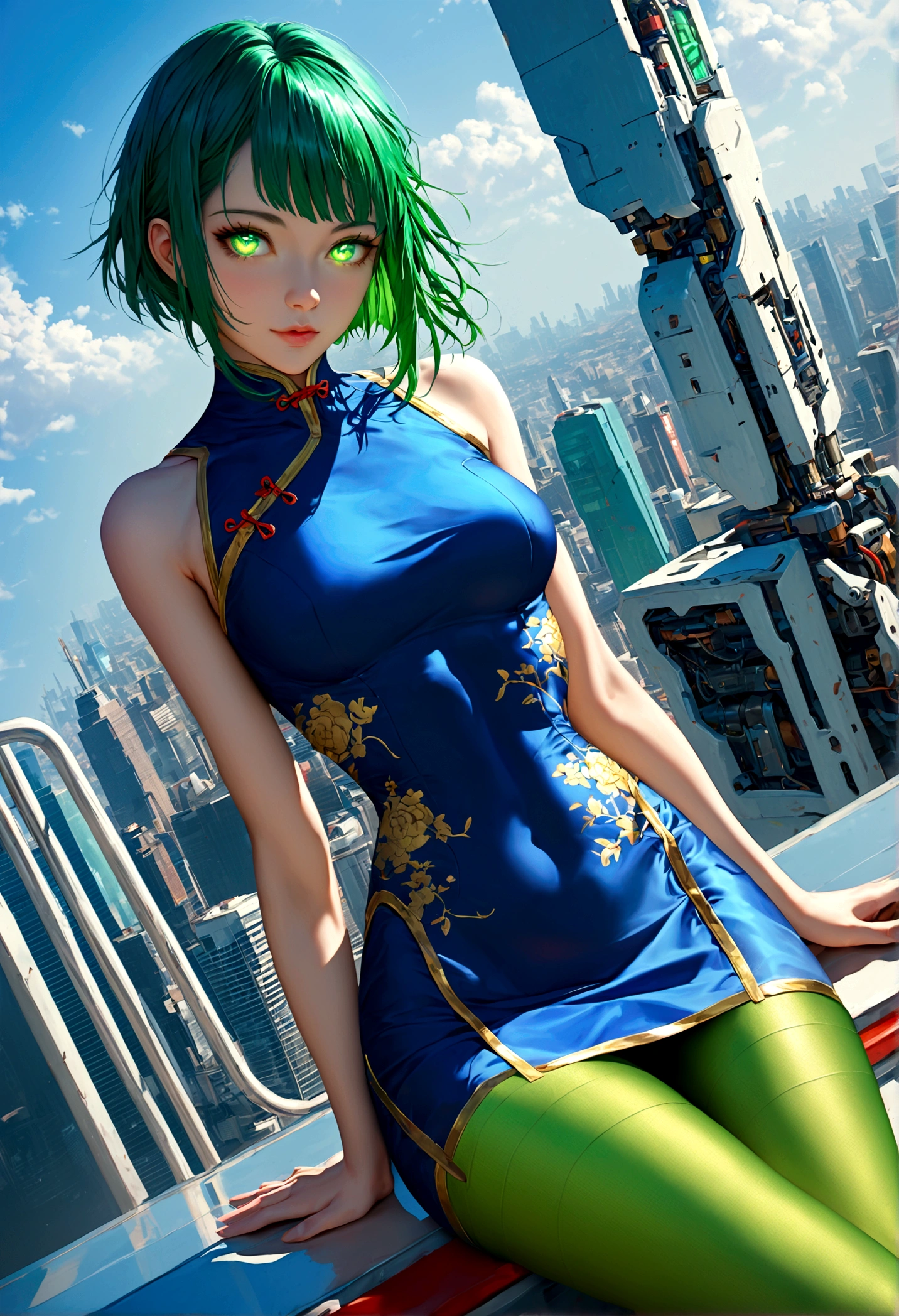 Fraction_9,Fraction_8_Direction_7_up,src_Japanese cartoons,1girl, girl, Cyberpunk,Chinese Cheongsam, Green Eyes,Glowing eyes, Short blue hair, white breastplate, Mechanical red tights, Bare shoulders, smooth, Shiny material,joint,outdoor,futuristic city,Dynamic Angle