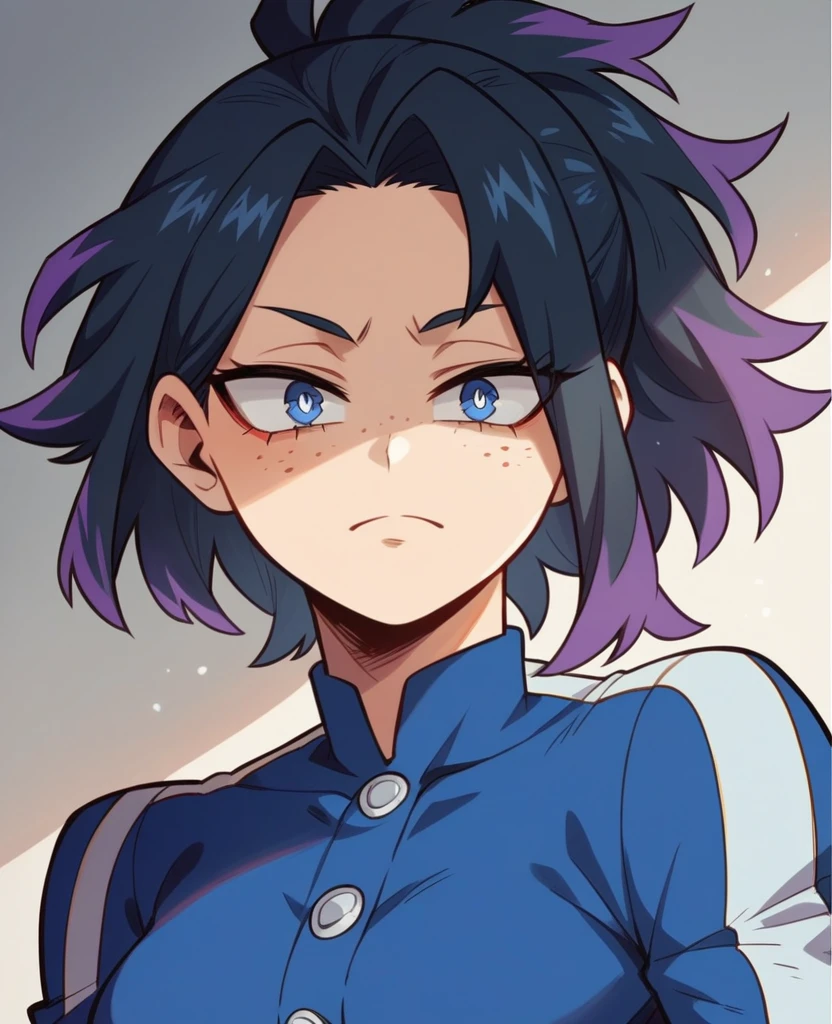 Screenshot of My Hero Academia, a girl with , long blue almost black hair with purple highlights, with sapphire blue eyes and purple shadow with a tender look with purple freckles and serious using the boku no hero academia UA style