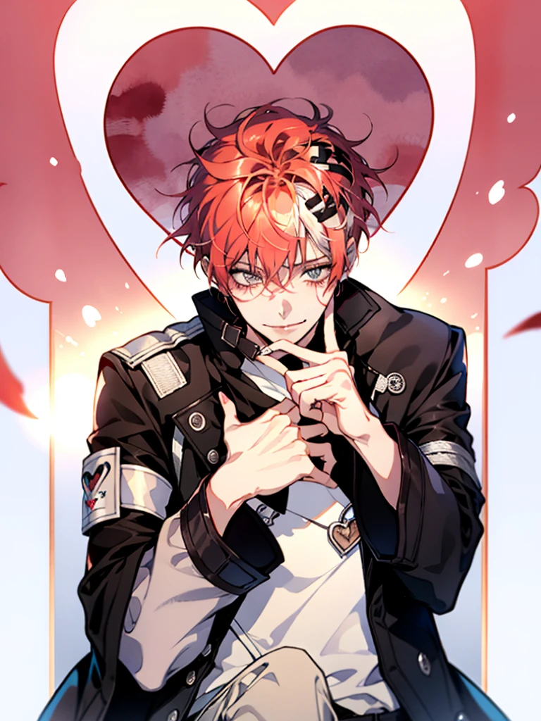 Bright red hair,short hair,clear line drawing, transparent watercolor, clear shading, beautiful young man, slim,finger heart, Fashionable everyday wear, convey love, inner strength, loves it,high quality, Amount to draw, pixiv illustration,smile, {{{man make heart symbol with fingers,make heart symbol with index fingers and middle fingers}}},