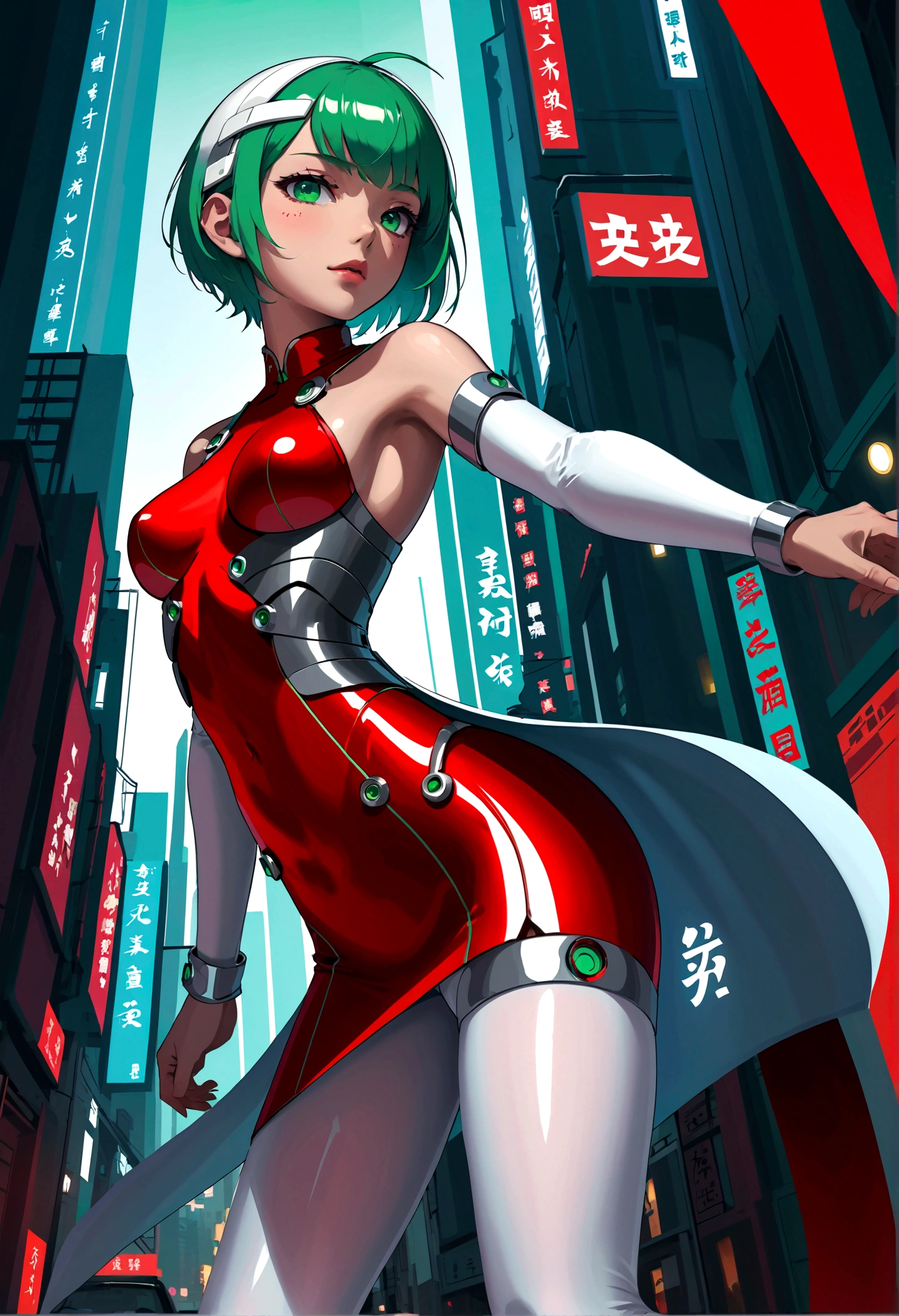 Fraction_9,Fraction_8_Direction_7_up,src_Japanese cartoons,1girl, girl, Cyberpunk,Chinese Cheongsam, Green Eyes,Glowing eyes, Short blue hair, white breastplate, Mechanical red tights, Bare shoulders, smooth, Shiny material,joint,outdoor,futuristic city,Dynamic Angle