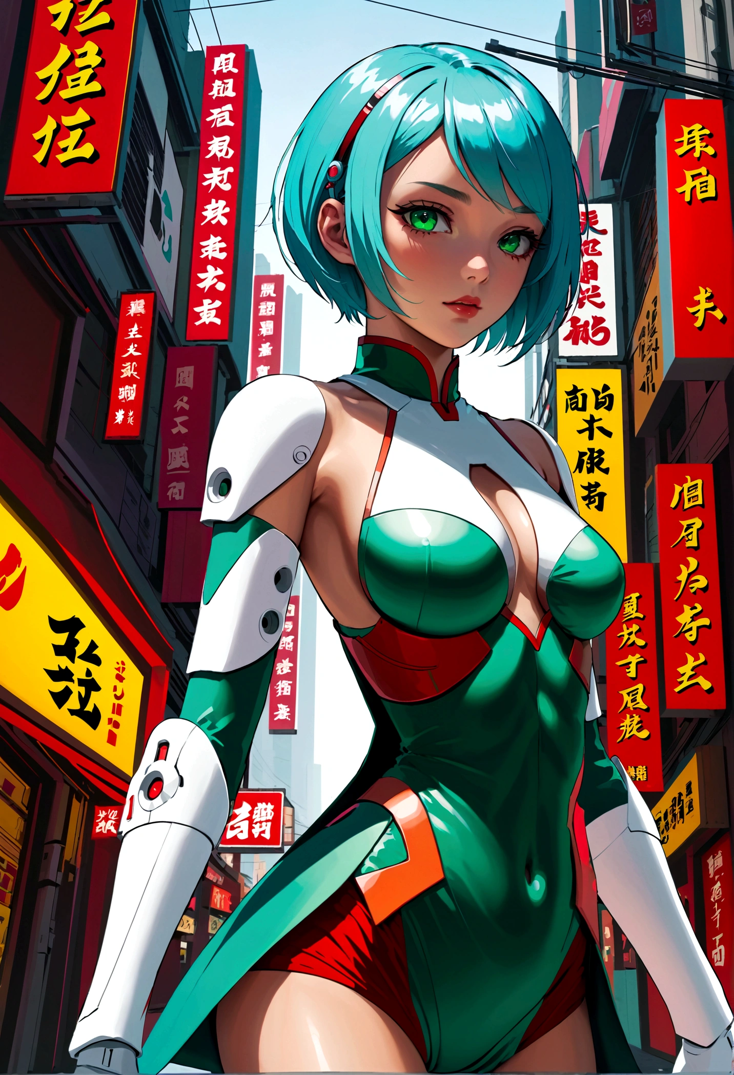 Fraction_9,Fraction_8_Direction_7_up,src_Japanese cartoons,1girl, girl, Cyberpunk,Chinese Cheongsam, Green Eyes,Glowing eyes, Short blue hair, white breastplate, Mechanical red tights, Bare shoulders, smooth, Shiny material,joint,outdoor,futuristic city,Dynamic Angle