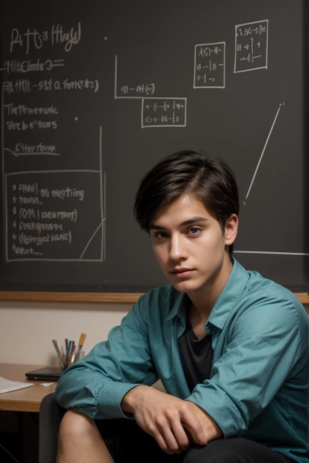 A beautiful, twinkling, cute male young man with black hair and a face with makeup. He is wearing a long-sleeved aquamarine shirt and black jeans. He is in his luxurious scientific office. Behind him is a blackboard with neurons and calculus written on it, and his eyes have dark circles underneath them. He is sitting in... His office is studying calculus like crazy.