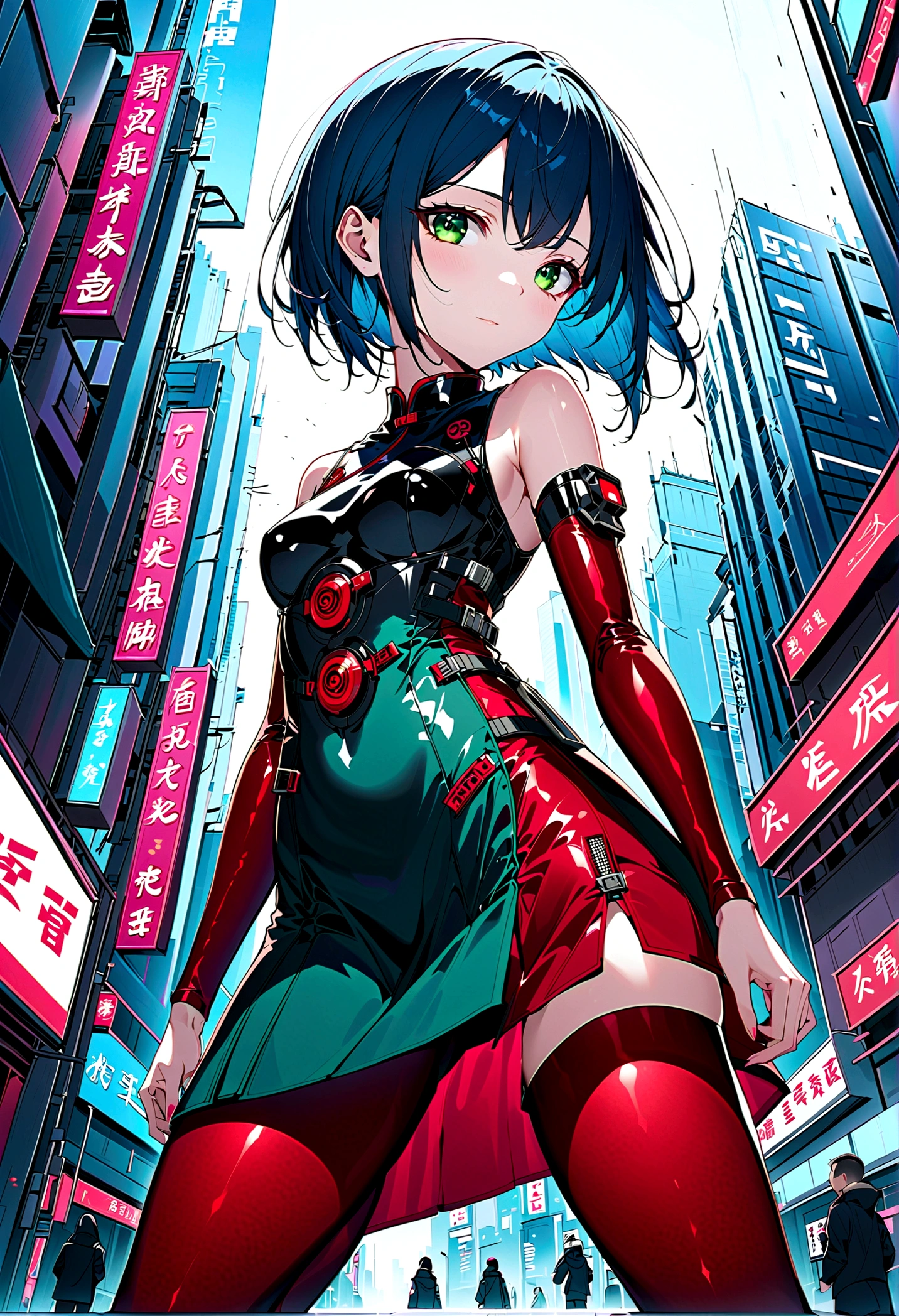 Fraction_9,Fraction_8_Direction_7_up,src_Japanese cartoons,1girl, girl, Cyberpunk,Chinese Cheongsam, Green Eyes,Glowing eyes, Short blue hair, white breastplate, Mechanical red tights, Bare shoulders, smooth, Shiny material,joint,outdoor,futuristic city,Dynamic Angle