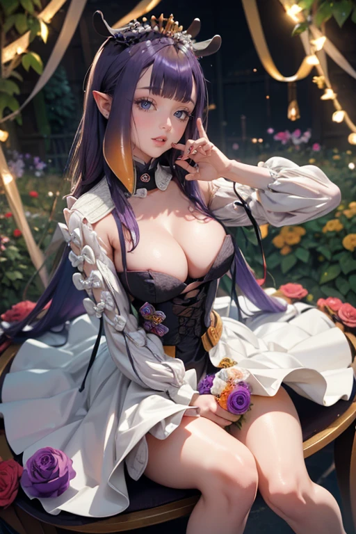 Ninomae Ina'nis, VTuber, gold tiara on her bangs, purple roses, ornament hair, purple roses on her hair, angel, perfectly body, perfectly hands, multicolored hair, violet hair, orange hair, long hair, wedding veil, seat on garden, a lot of purple roses, wedding garden scenery, gold lantern, wedding dress, white dress, a dress with layers, a lot of frills, more details on her clothes, golden details on the dress, night, ((4k, masterpiece, top-quality)),8k, best quality, high resolution, HD, (illustration:0.8), super cute girl, delicate and beautiful face, 1girl, solo, mature girl, super cute hairstyle, (beautiful detailed eyes:1.6), extremely detailed face, perfect lighting, extremely detailed CG, (perfect hands, perfect anatomy), super complex details, intricate details, Best quality, cleavage, clothes lift, skirt, lying, full Body, perfect body ,sitting, two legs, two arms, two hands, five fingers