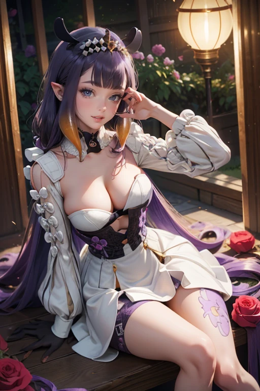 Ninomae Ina'nis, VTuber, gold tiara on her bangs, purple roses, ornament hair, purple roses on her hair, angel, perfectly body, perfectly hands, multicolored hair, violet hair, orange hair, long hair, wedding veil, seat on garden, a lot of purple roses, wedding garden scenery, gold lantern, wedding dress, white dress, a dress with layers, a lot of frills, more details on her clothes, golden details on the dress, night, ((4k, masterpiece, top-quality)),8k, best quality, high resolution, HD, (illustration:0.8), super cute girl, delicate and beautiful face, 1girl, solo, mature girl, super cute hairstyle, (beautiful detailed eyes:1.6), extremely detailed face, perfect lighting, extremely detailed CG, (perfect hands, perfect anatomy), super complex details, intricate details, Best quality, cleavage, clothes lift, skirt, lying, full Body, perfect body ,sitting, two legs, two arms, two hands, five fingers