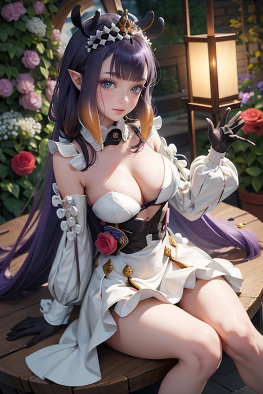 Ninomae Ina'nis, VTuber, gold tiara on her bangs, purple roses, ornament hair, purple roses on her hair, angel, perfectly body, perfectly hands, multicolored hair, violet hair, orange hair, long hair, wedding veil, seat on garden, a lot of purple roses, wedding garden scenery, gold lantern, wedding dress, white dress, a dress with layers, a lot of frills, more details on her clothes, golden details on the dress, night, ((4k, masterpiece, top-quality)),8k, best quality, high resolution, HD, (illustration:0.8), super cute girl, delicate and beautiful face, 1girl, solo, mature girl, super cute hairstyle, (beautiful detailed eyes:1.6), extremely detailed face, perfect lighting, extremely detailed CG, (perfect hands, perfect anatomy), super complex details, intricate details, Best quality, cleavage, clothes lift, skirt, lying, full Body, perfect body ,sitting, two legs, two arms, two hands, five fingers