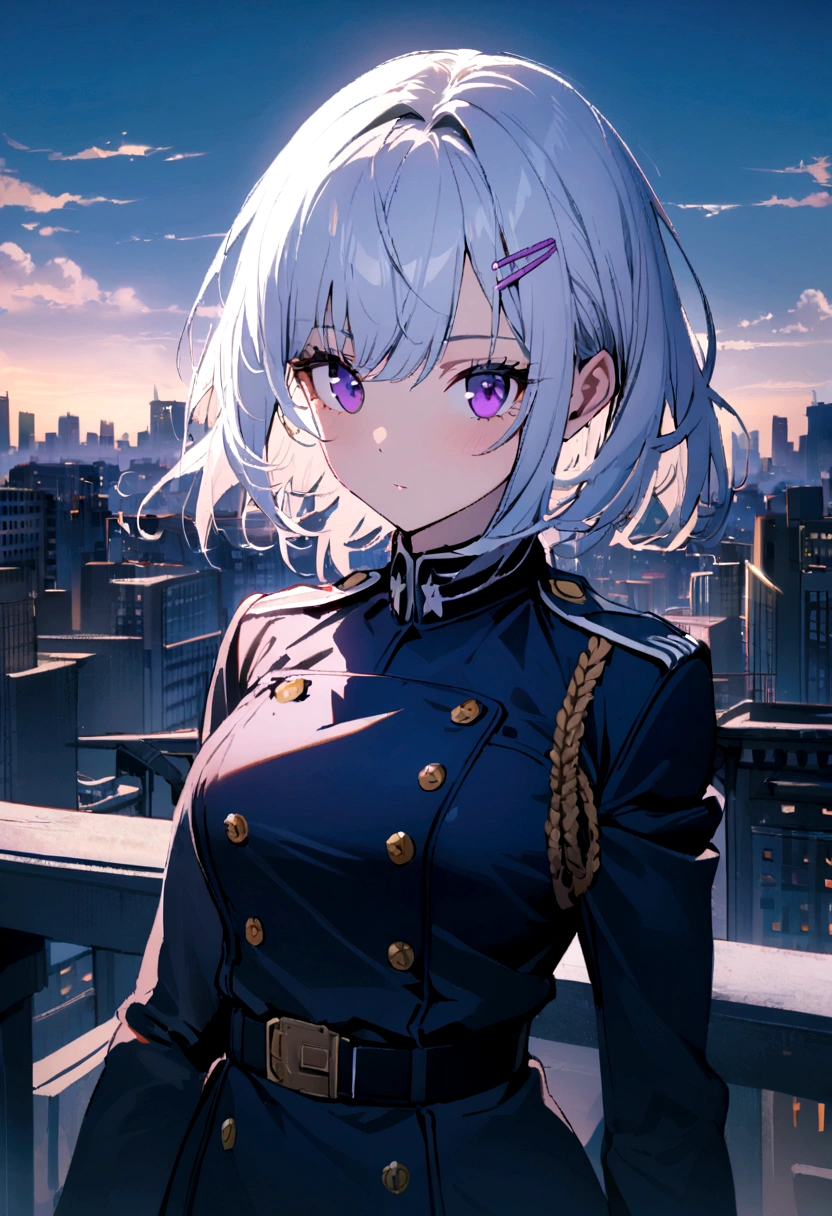 1girl, dark blue military uniform, white hair, Purple Eyes, hairclip, city background,