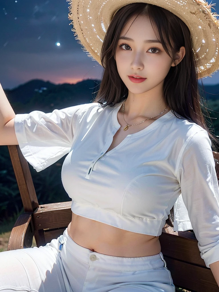 Look at this and smile、Colorful summer clothes、top quality、​masterpiece、超High resolution、(actual:1.4)、Very wide lens、close up、Young woman beautiful、Nice detailed eyes and skin、smile、Short brown hair haircut、bust、Small necklace、、straw fedora hat、、Summer sky、(highest image quality: 1.35), high quality, Realistic photo, (A beautiful woman:1.33), beautiful expression, (delicate eyes:1.3), (delicate face:1.3), Smile, (light hair silhouette:1.2), Super detailed , high resolution, Athletic figure, (big breasts:1.25), (long hair:1.2), (beautiful woman), (Cute navel:1.2), ( Depth of field f/1.8:1.45 ), sharp focus, original image , (Thin white shirt:1.45), (Thin white pants:1.4), (Thin white tight pants:1.4 ), (shirt thin white eyelashes:1.4), (thick thighs:1.5), (forward facing:1.25), (cowboy photo:1.4), (night sports:1.4), ( dark sky:1.5 ),