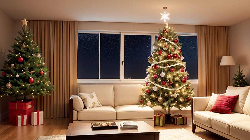 There is a photo of a Christmas tree in the living room,Floor-to-ceiling windows, hyperRealistic CGI, Realistic CGI, Realistic CGI render, 8k ultra realstic, Light Snow, It&#39;s snowing outside, Surrealism, Movie Rendering, Photorealistic rendering with Unreal Engine, Amazing CGI, Hyper-realistic painting, Ultra-realistic visual effects rendering, photoRealistic CGI, sparse field, 4k ultra realistic