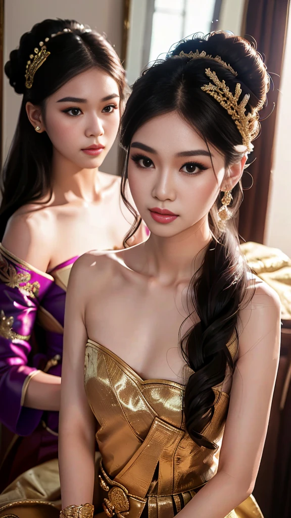 masterpiece, highest quality, HDR, high contrast, ((beautiful girl, Thai Female Soldier)), bun hair, highly detailed lips, detailed eyes, double eyelid, Make-up face. ((flchut thai dresses, strapless shirts)), just showing his face. pretty face. captivating. make-up face. long eyelashes, just showing his face. pretty face. captivating. make-up face. long eyelashes, just showing his face. pretty face. captivating. make-up face. long eyelashes, ((in front of the make-up mirror))