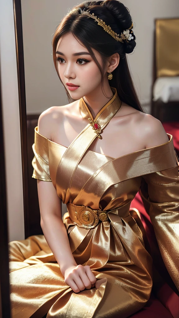 masterpiece, highest quality, HDR, high contrast, ((beautiful girl, Thai Female Soldier)), bun hair, highly detailed lips, detailed eyes, double eyelid, Make-up face. ((flchut thai dresses, strapless shirts)), just showing his face. pretty face. captivating. make-up face. long eyelashes, just showing his face. pretty face. captivating. make-up face. long eyelashes, just showing his face. pretty face. captivating. make-up face. long eyelashes, ((in front of the make-up mirror))