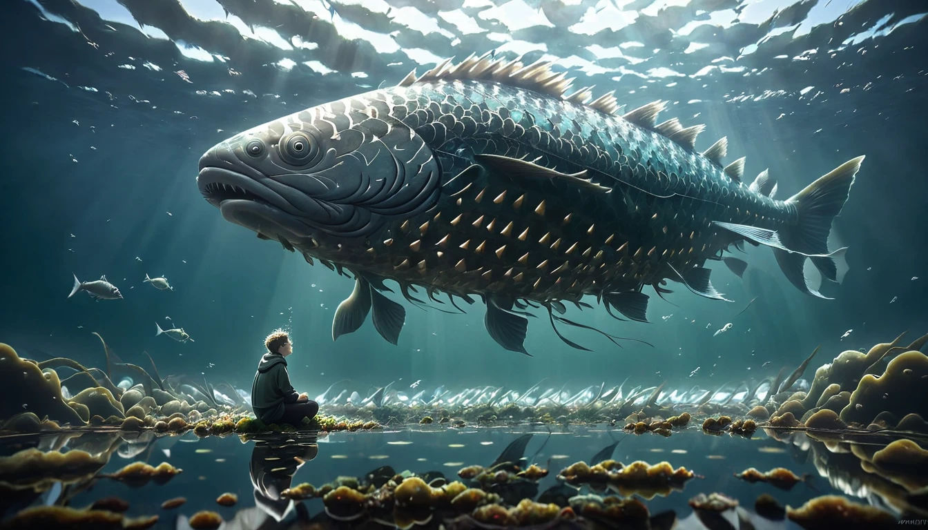 onah, alone and contemplative, sitting on the "floor" of the fish’s belly. He is surrounded by minimalistic elements like fish bones and remnants of seaweed, with a small amount of light creating a reflective mood. Jonah’s expression is a mix of fear, reflection, and repentance.