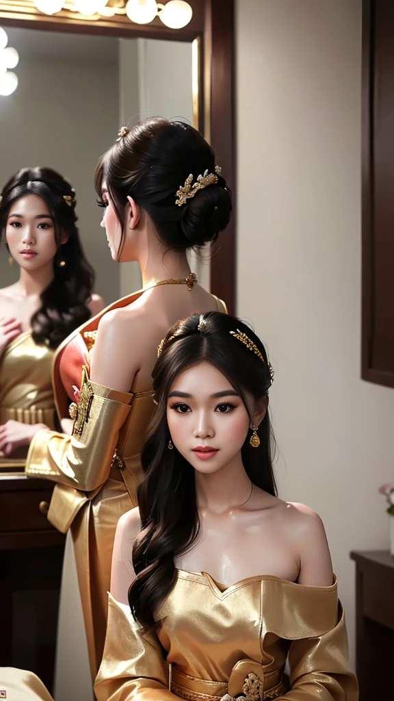 masterpiece, highest quality, HDR, high contrast, ((beautiful girl, Thai Female Soldier)), bun hair, highly detailed lips, detailed eyes, double eyelid, Make-up face. ((flchut thai dresses, strapless shirts)), just showing his face. pretty face. captivating. make-up face. long eyelashes, just showing his face. pretty face. captivating. make-up face. long eyelashes, just showing his face. pretty face. captivating. make-up face. long eyelashes, ((in front of the make-up mirror))