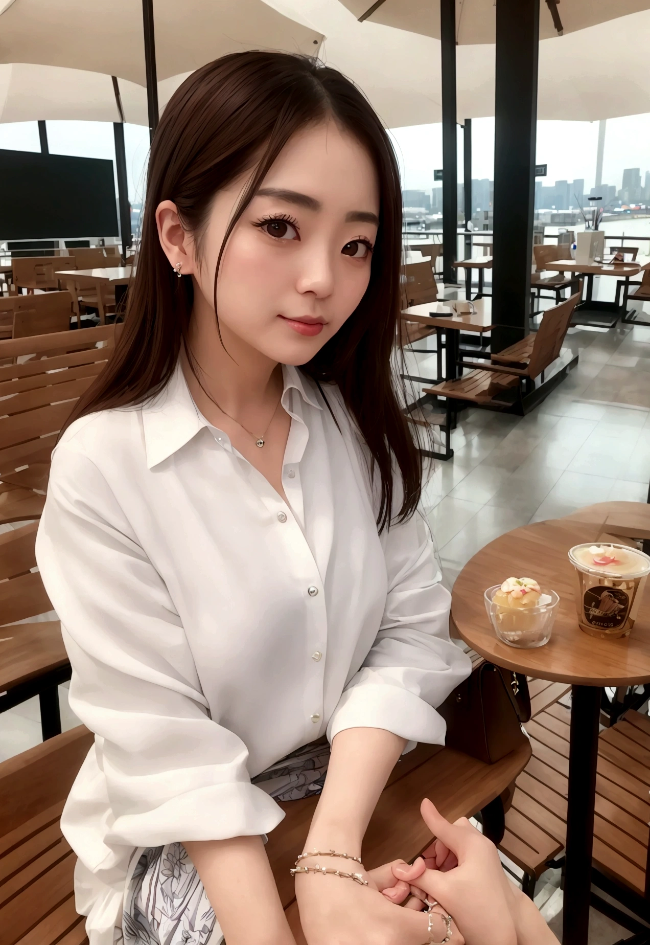 (Highest quality、8K、32k、masterpiece、Hmph:1.2)、Japanese actress waiting for a flight at the airport cafe terrace, Before you leave for your trip abroad,