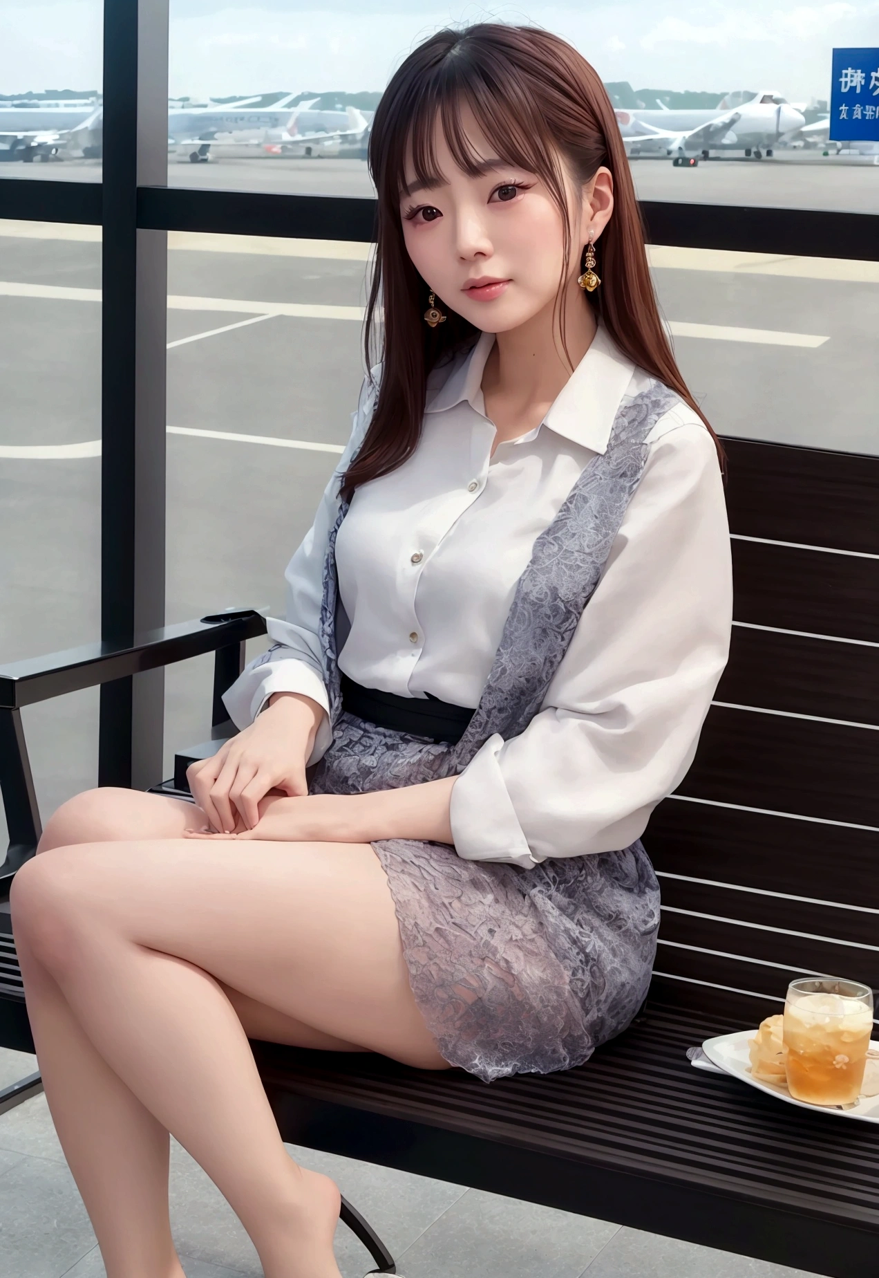 (Highest quality、8K、32k、masterpiece、Hmph:1.2)、Japanese actress waiting for a flight at the airport cafe terrace, Before you leave for your trip abroad, 