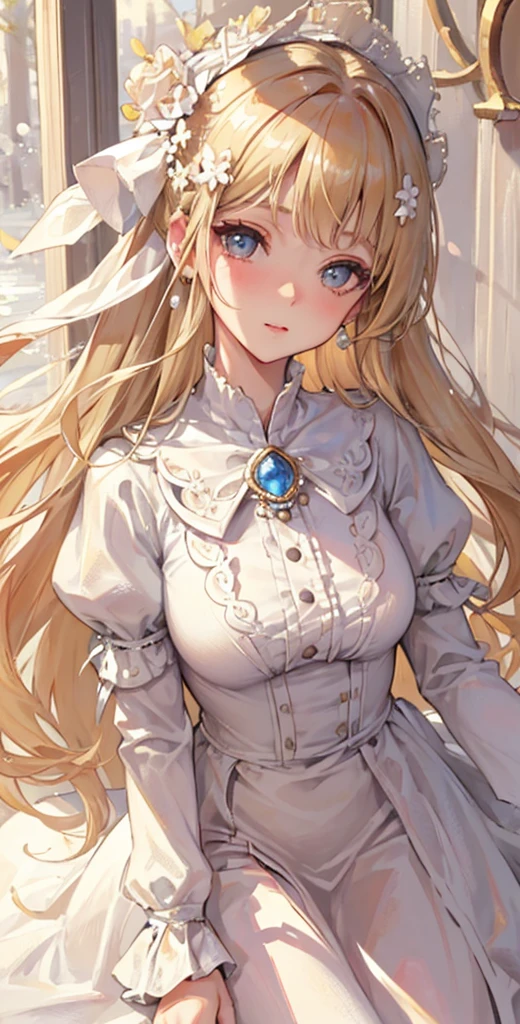 ((Tabletop)), high quality, Very detailed, Blonde + White clothes: 1.2, A kind and sensitive girl, Hmph, Lolita, Delicate facial features, Perfect figure, Pearl-decorated face, Surrounding bubbles, Bright bright colors, Romantic long hair, Natural light, Warm and sweet, Brown eyes, Gorgeous hair ornament.Strange Eyes