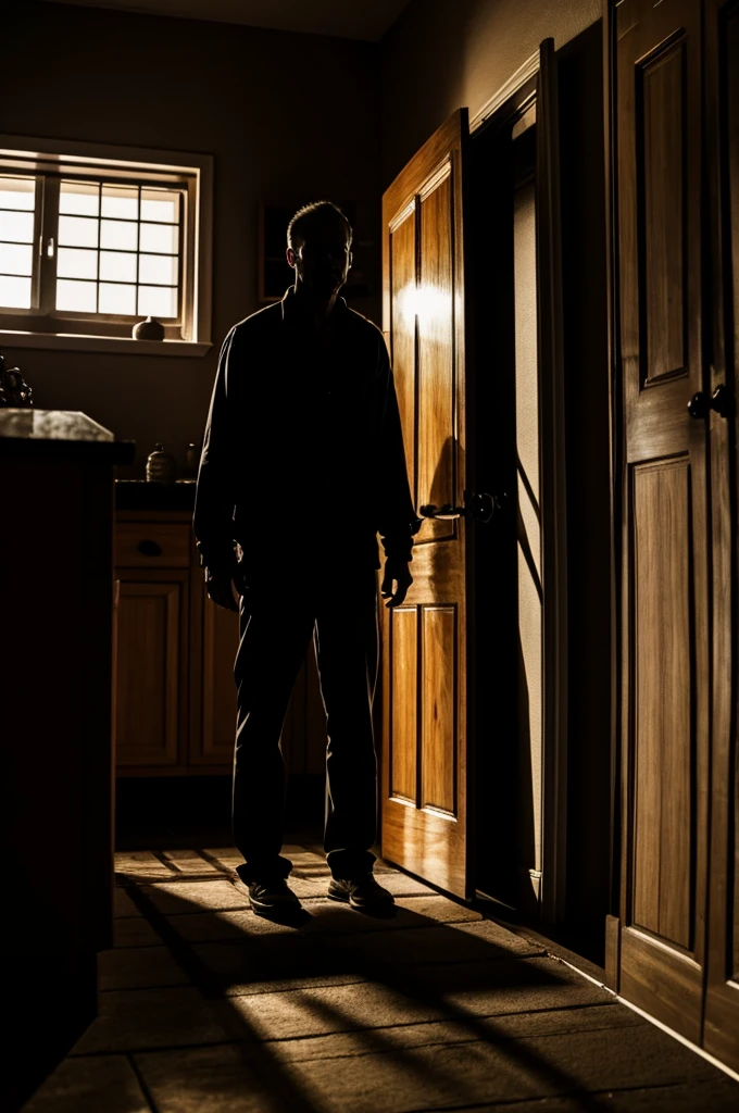 Scary man standing in house after dark