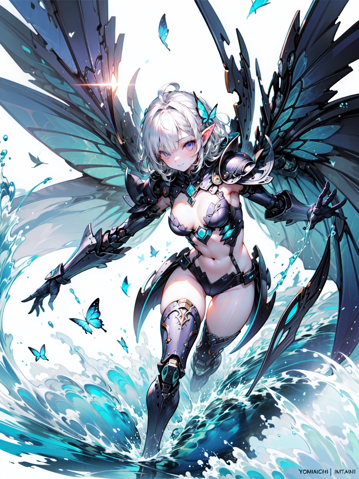 [(White Background:1.5)=5], (Bottle bottom:0.9), 1 Elf girl, Medium Shot, whole body, (armor Wing, Mecha legs, armor),((Short white hair)), Asymmetrical bangs, Rich facial and eye details, Perfect Lips, butterfly, Floating Petals, Stone fragments, Beautiful and delicate water, cloud, sun, evening, sunset, beautiful detailed cloud, Ocean, Wave, splash, dramatic, Cinema Lighting, detailedな表現, Fine details, Fantasy art, shape, masterpiece, The art of math, , Yusuke Murata&#39;style. break、非常にdetailed (Dark Elf), (1 Girl), alone, Perfect Face, detailed, Ahoge, ((Long Hair:1.2)), (Hair above one eye:1.3), [[Messy Hair]], Shiny blonde white hair, Purple eyes, Variegated eyes, Colorful Hair, Shining Eyes, Bright Eyes, Face imprint, (eyelash, eye shadow, pink eye shadow), smile, Design Art：haruhiko mikimoto, by Kawashi, By Yoshitaka Amano, break、((Perfect Anatomy)), Nice body, Medium Chest, (非常にdetailed指), Best Hand, Perfect Face, Beautiful Face, Beautiful Eyes, Perfect Eyes, (Perfect Fingers), Correct Anatomy
