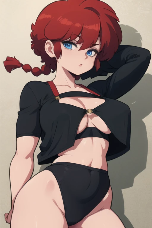 RanmaChan, Red hair, Braided hair, blue eyes, detailed eyes, whole body, lindosexyrobutts, tight black blouse, black crop top, exposed navel, clothing attached to the body, Tanga sexy