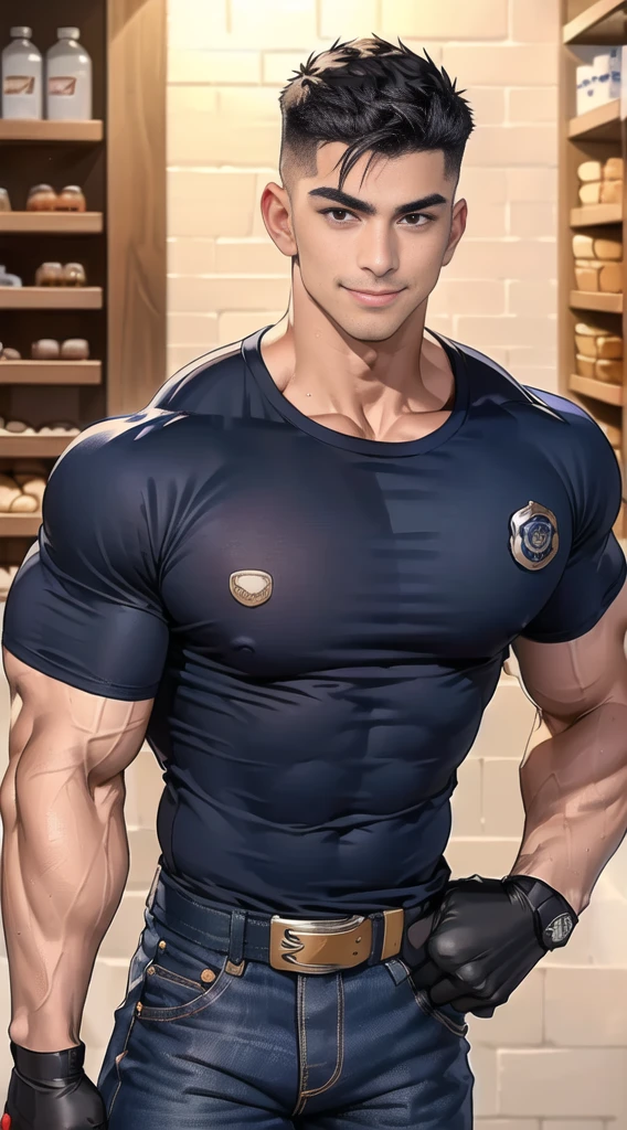 1 man,(Skinheads hairstyles) ,black eye,(Wear a fitted round neck t-shirt in navy with a police badge.:1.3),(fit neck),Navy blue jeans,(black_gloves), Korean guy,chest muscles,large arm muscles,blood vessel,Big muscles,Broad shoulders, smile, middle of the road,(full_shot:1.6),(In the bread shop:1.2),