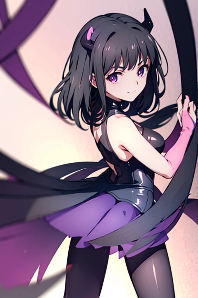 Highest quality　Highest quality　Draw a face carefully　High-definition anime-style face　Super Glowing Skin　Long black hair　Black leotard　Purple pantyhose　Succubus　lure　smile　Back view　Rear view