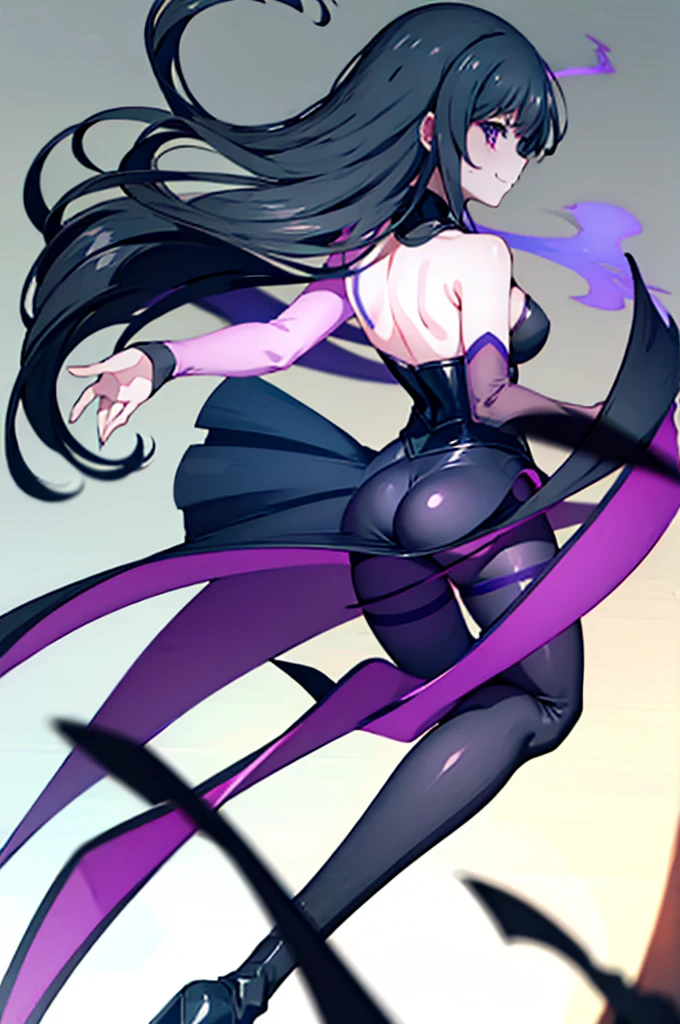 Highest quality Highest quality Draw a face carefully High-definition anime-style face Super Glowing Skin Long black hair Black leotard Purple pantyhose Succubus lure smile Back view Rear view