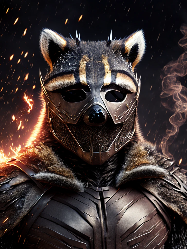 Close-up (Terminator Flash from DC in Viking style: 1.3) (raccoon mask:1.6), emerging from wet black mud, extremely detailed, smoke, sparks, metal shavings, flying debris, volumetric light