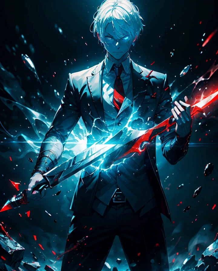 grade, change,White hair, blue colored eyes,holding a knife, red liquid and red blood, lounge background.HD lighting and dark )(epic image quality) dark atmosphere with glowing light particles(lots of background effects)