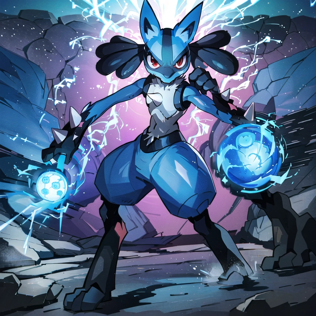lucario, red eyes, attack stance, casting a blue energy ball, detailed, professional lights, spikes, anime, centered, outside, cave, blue fur, wolf, medium muzzle, ((sparks around body))