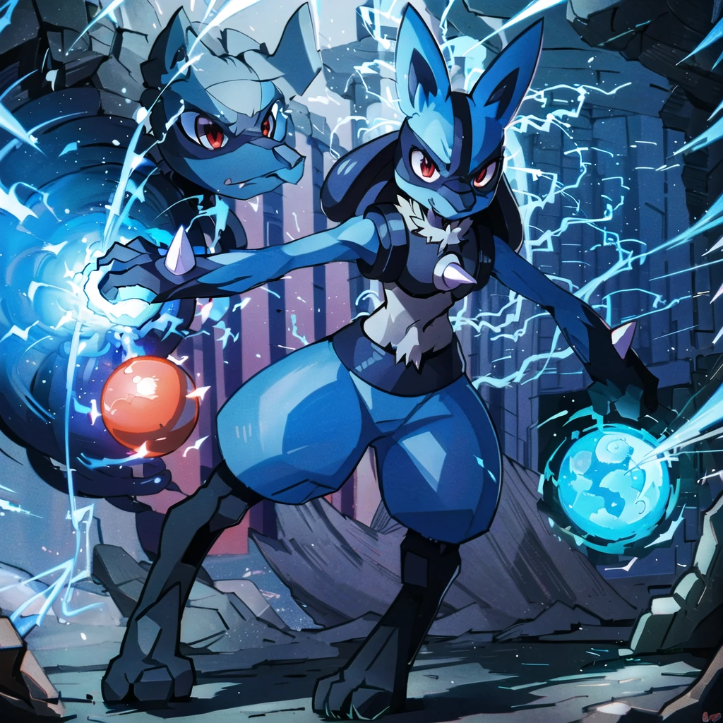 lucario, red eyes, attack stance, casting a blue energy ball, detailed, professional lights, spikes, anime, centered, outside, cave, blue fur, wolf, medium muzzle, ((sparks around body))