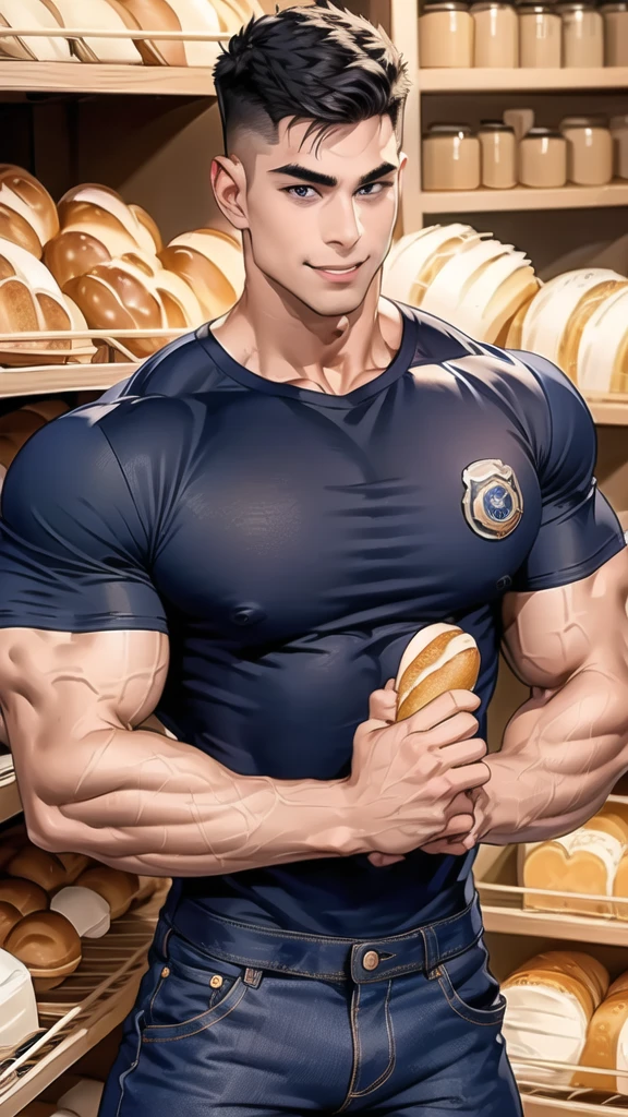 1 man,(Skinheads hairstyles) ,black eye,(Wear a fitted round neck t-shirt in navy with a police badge.:1.3),(fit neck),Navy blue jeans,(black_gloves), Korean guy,chest muscles,large arm muscles,blood vessel,Big muscles,Broad shoulders, smile, middle of the road,(In the desert:1.2),(full_shot:1.6),(In the bread shop:1.2),