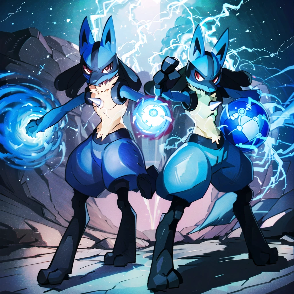 lucario, red eyes,  attack stance, casting a blue energy ball, detailed, professional lights, spikes, anime, centered, outside, cave,  blue fur, wolf, medium muzzle, ((sparks around body))