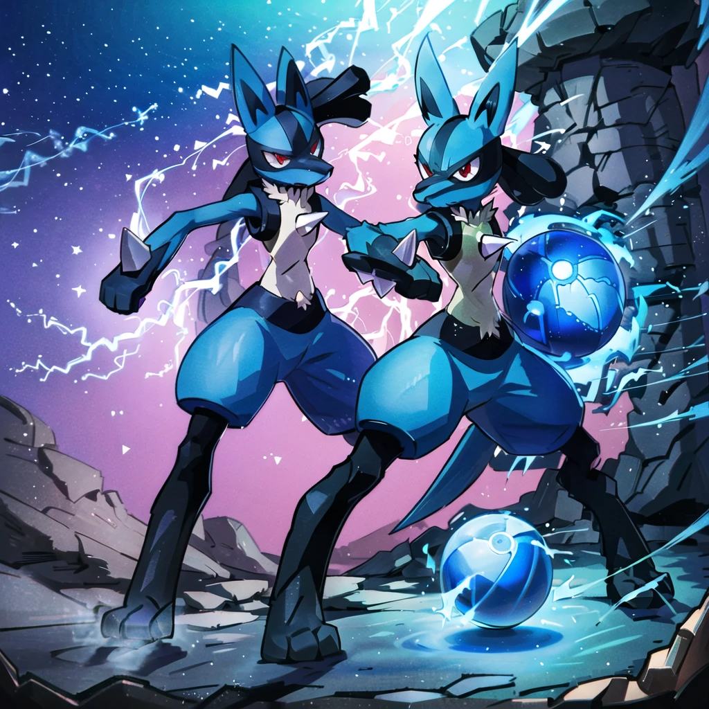 lucario, red eyes, attack stance, casting a blue energy ball, detailed, professional lights, spikes, anime, centered, outside, cave, blue fur, wolf, medium muzzle, ((sparks around body))