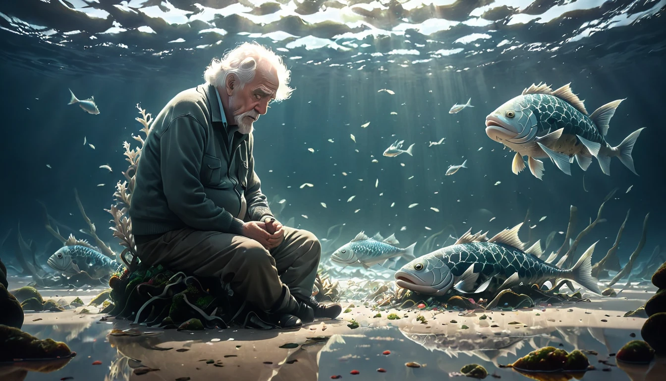 old man sitting on the "floor" of the fish’s belly. He is surrounded by minimalistic elements like fish bones and remnants of seaweed, with a small amount of light creating a reflective mood. Jonah’s expression is a mix of fear, reflection, and repentance