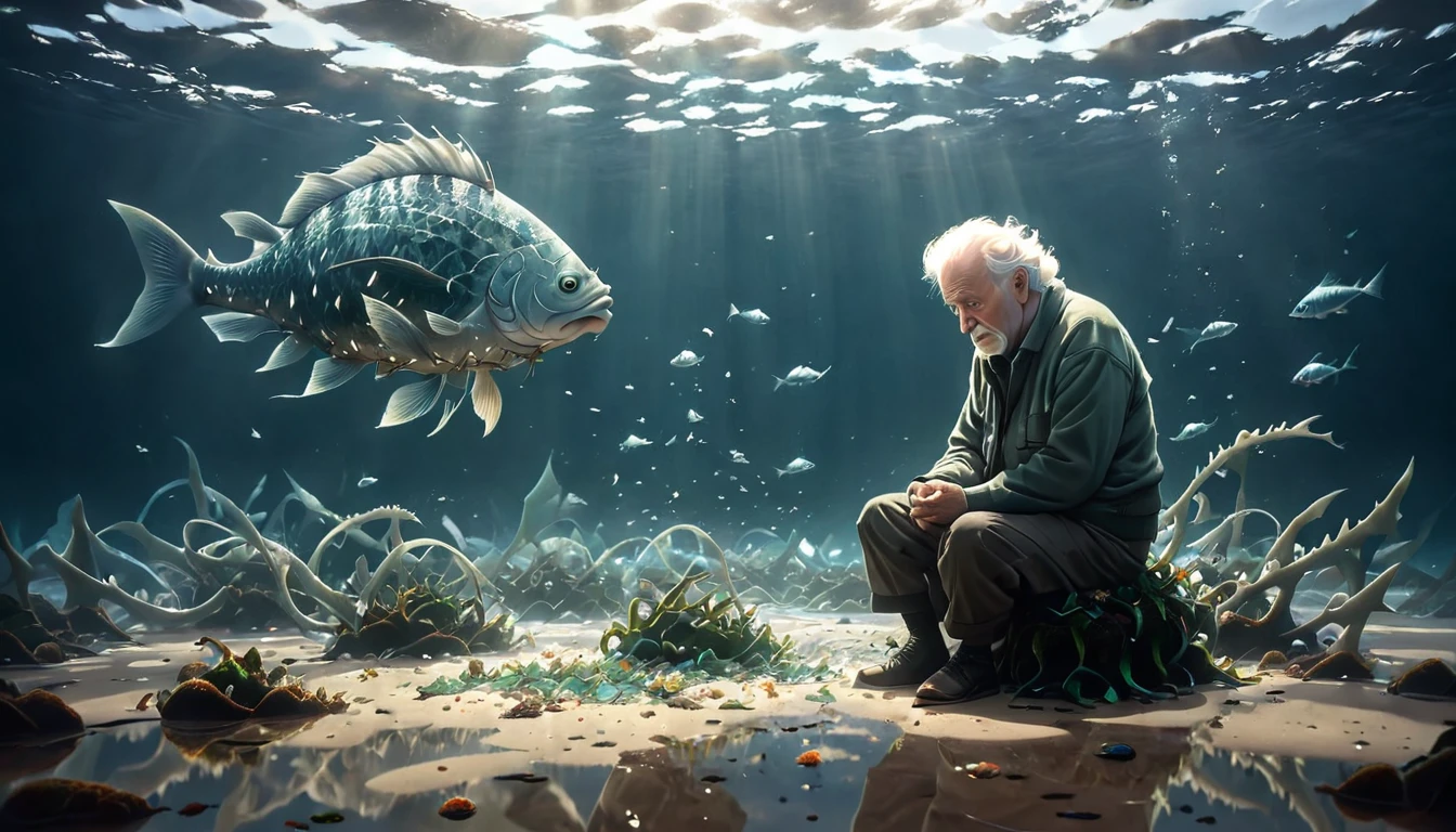 old man sitting on the "floor" of the fish’s belly. He is surrounded by minimalistic elements like fish bones and remnants of seaweed, with a small amount of light creating a reflective mood. Jonah’s expression is a mix of fear, reflection, and repentance