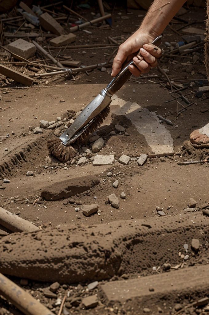 Highly detailed realistic photo of an archaeologist's brush cleaning dirt from a strewn part of an archaeological dig. As the dirt was slowly cleaned away, the petrified form of the underwear fossil was revealed.