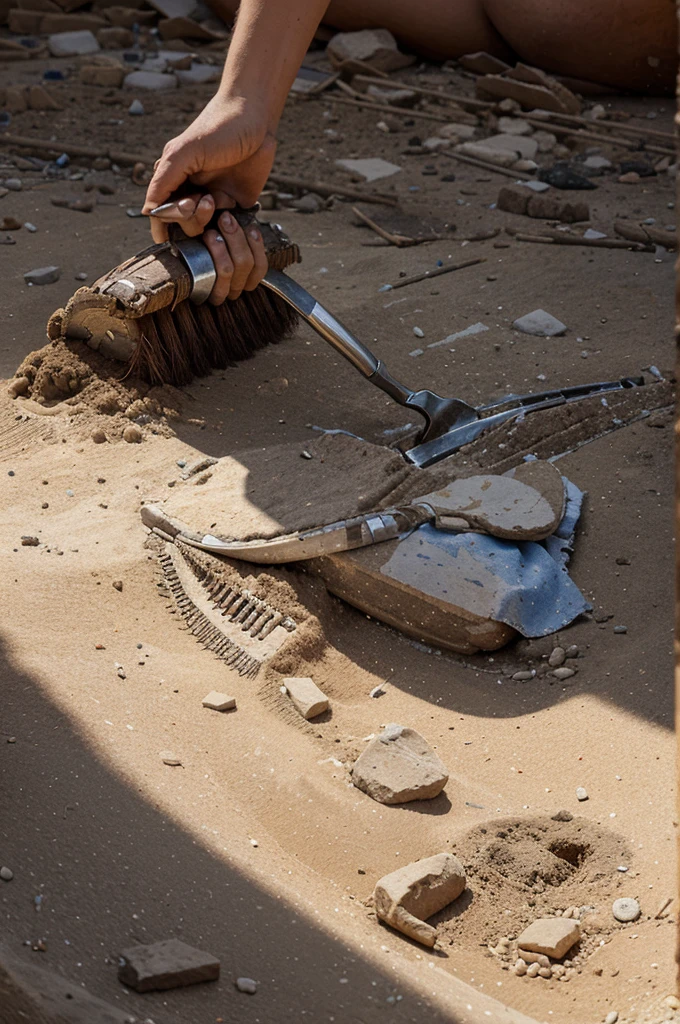 Highly detailed realistic photo of an archaeologist's brush cleaning dirt from a strewn part of an archaeological dig. As the dirt was slowly cleaned away, the petrified form of the underwear fossil was revealed.