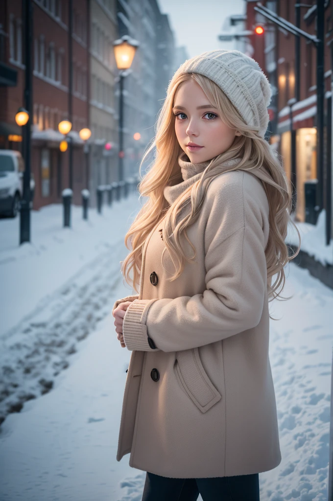 professional photography of a beautiful norwegian girl in winter clothes with long wavy blonde hair, sensual and seductive look, beautiful symmetrical face, beautiful natural makeup, wearing chic warm winter fashion clothing, ((standing outside on the snowy city street)), impressive modern urban environment, ultra realistic, conceptual artwork, chic, highy detailed, intricate, sharp focus, Depth of field, f/1. 8, 85 mm, medium shot, mid shot, (((professional color grading))), soft and bright diffused light, (Volumetric fog), Trends on Instagram, HD 4k, 8K